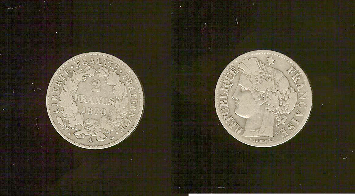2 francs Cérès, avec légende 1870 Paris TB+